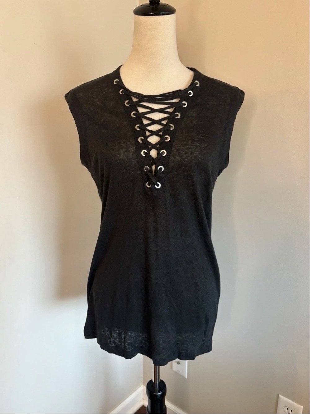 IRO Tissa Slub Linen Lace-Up Grommet V-Neck Sleeveless Tank Top Size XS
